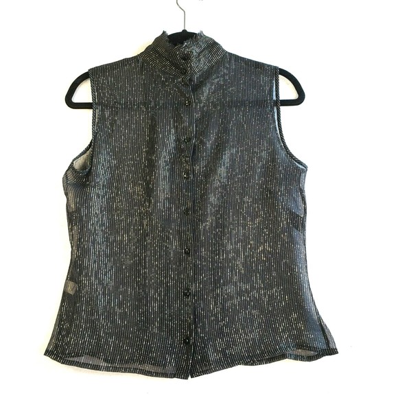 Vintage The Limited Silk Blouse Size M Mock Neck Black Metallic Sheer - Picture 2 of 11